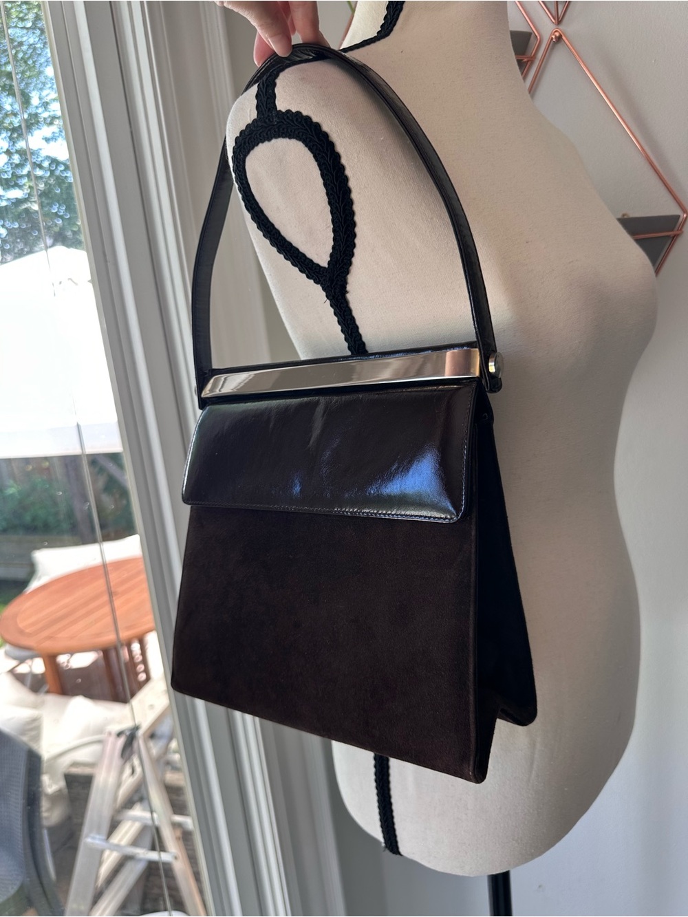 VINTAGE Dark Brown Leather Suede Shoulder Flap Bag Purse Handbag Top Handle